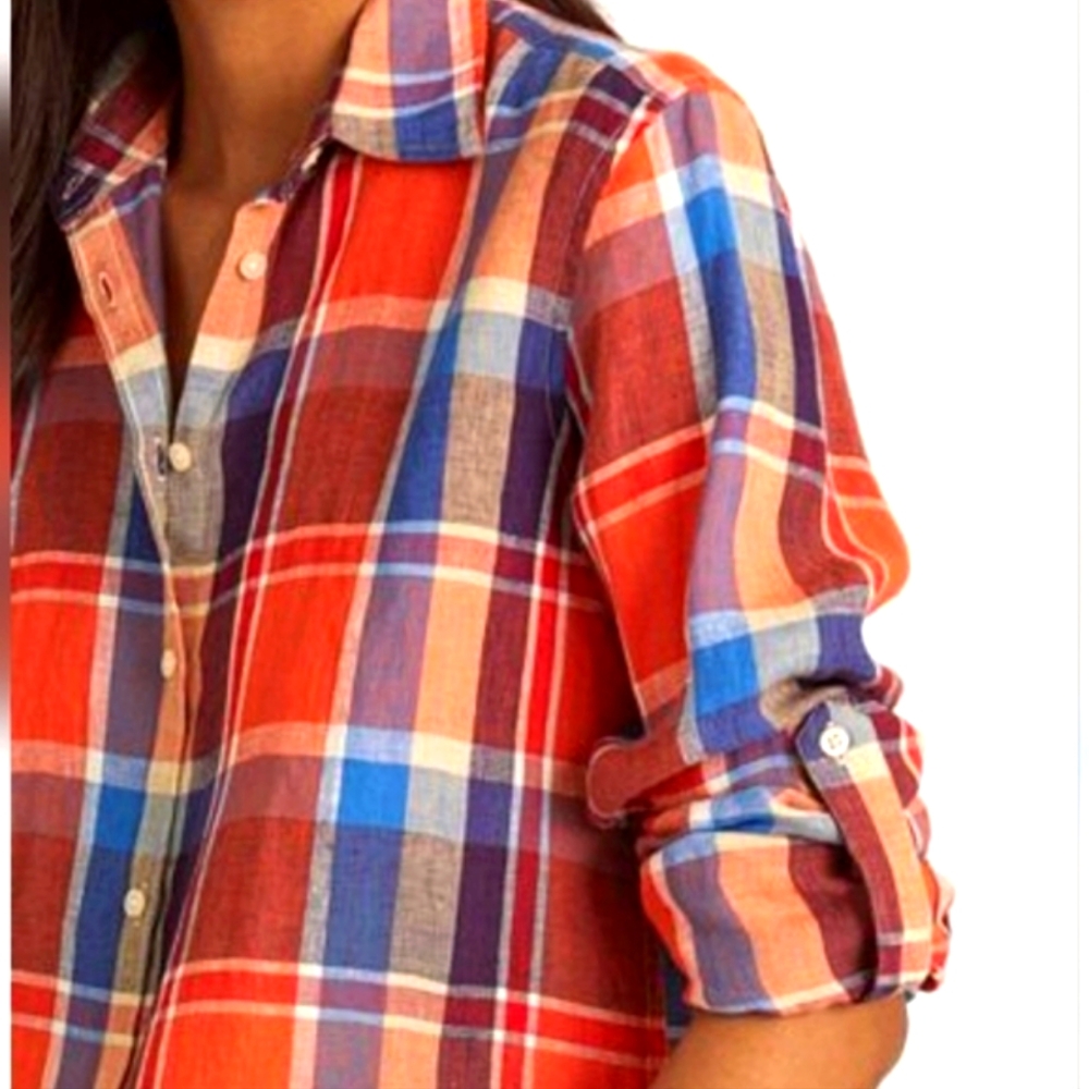 Lauren Ralph Lauren Plaid Linen Shirt. Size Large. Orange/Blue. Western Cowgirl. - Picture 2 of 16